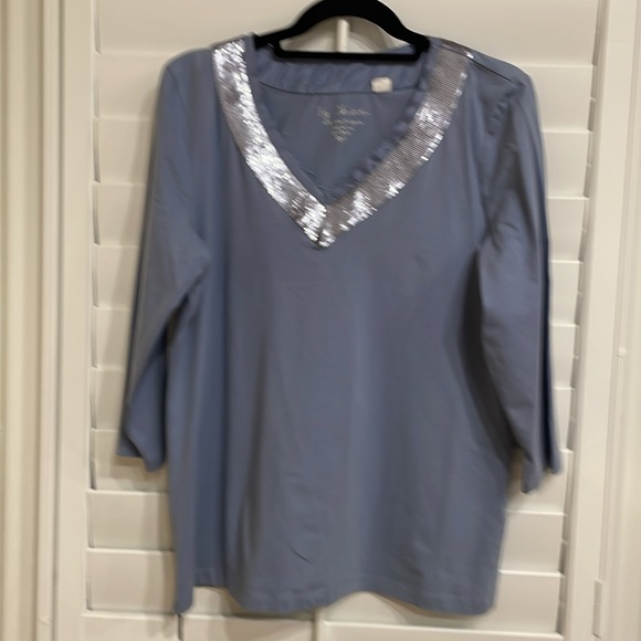 Chico’s Size 2 ( 12/14) Dusty Blue Too with sequined V-Neck, 3/4 Sleeves. - Picture 1 of 7